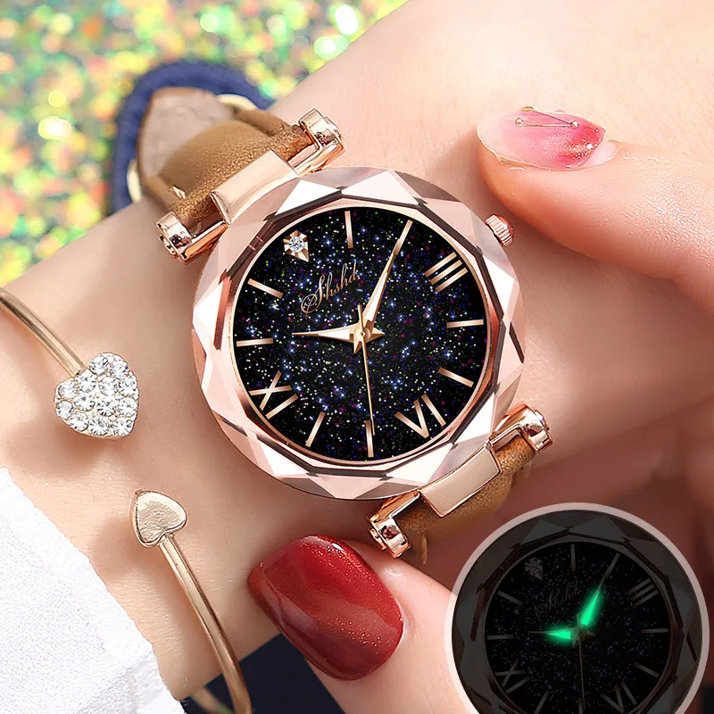 Luminous Rhinestone Romantic Starry Sky Wristwatch Ladies Leather Women Watch Clock For Girls