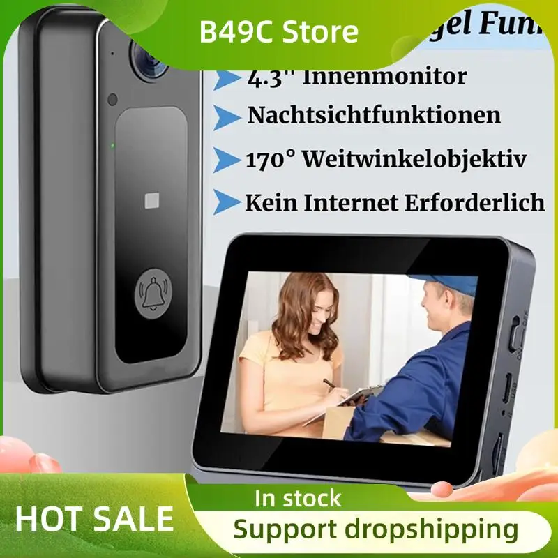 

Беспроводной дверной звонок B49C с камерой внутренней связи, экраном 4,3 дюйма, широкоугольным объективом, видеоночным видением
