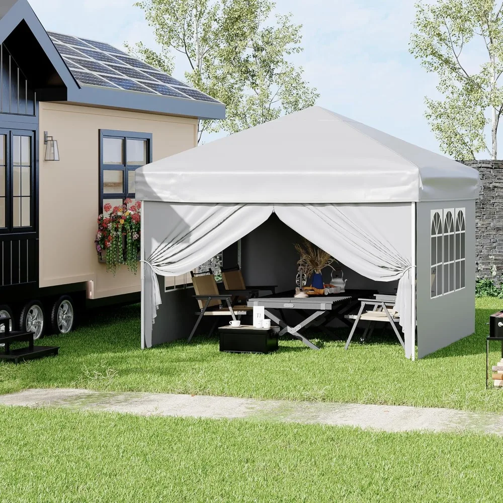 

10'x10' Easy Pop Up Canopy Tent With 4 Detachable Window Sidewalls - Waterproof Outdoor Portable Canopy With Carry Bag & Guy Lin