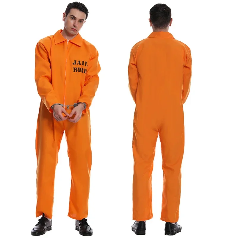 Cosplay de prisioneiro americano para homens e mulheres, macacão, tops e calças, uniforme de Halloween, laranja, prisão, adulto