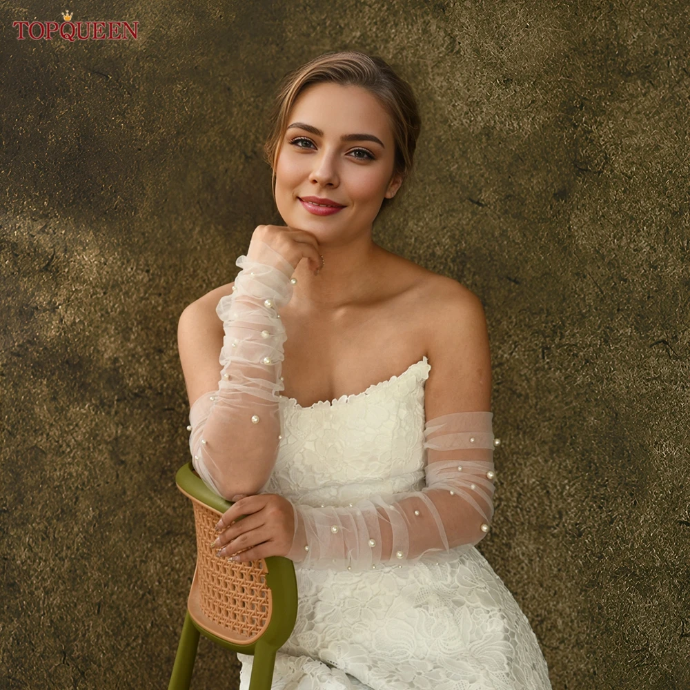 TOPQUEEN Vm16 أنيقة قفازات الزفاف اللؤلؤ 1 زوج قفازات الزفاف طول الكوع اكسسوارات الزفاف النساء قفازات الزفاف ذاتية الصنع