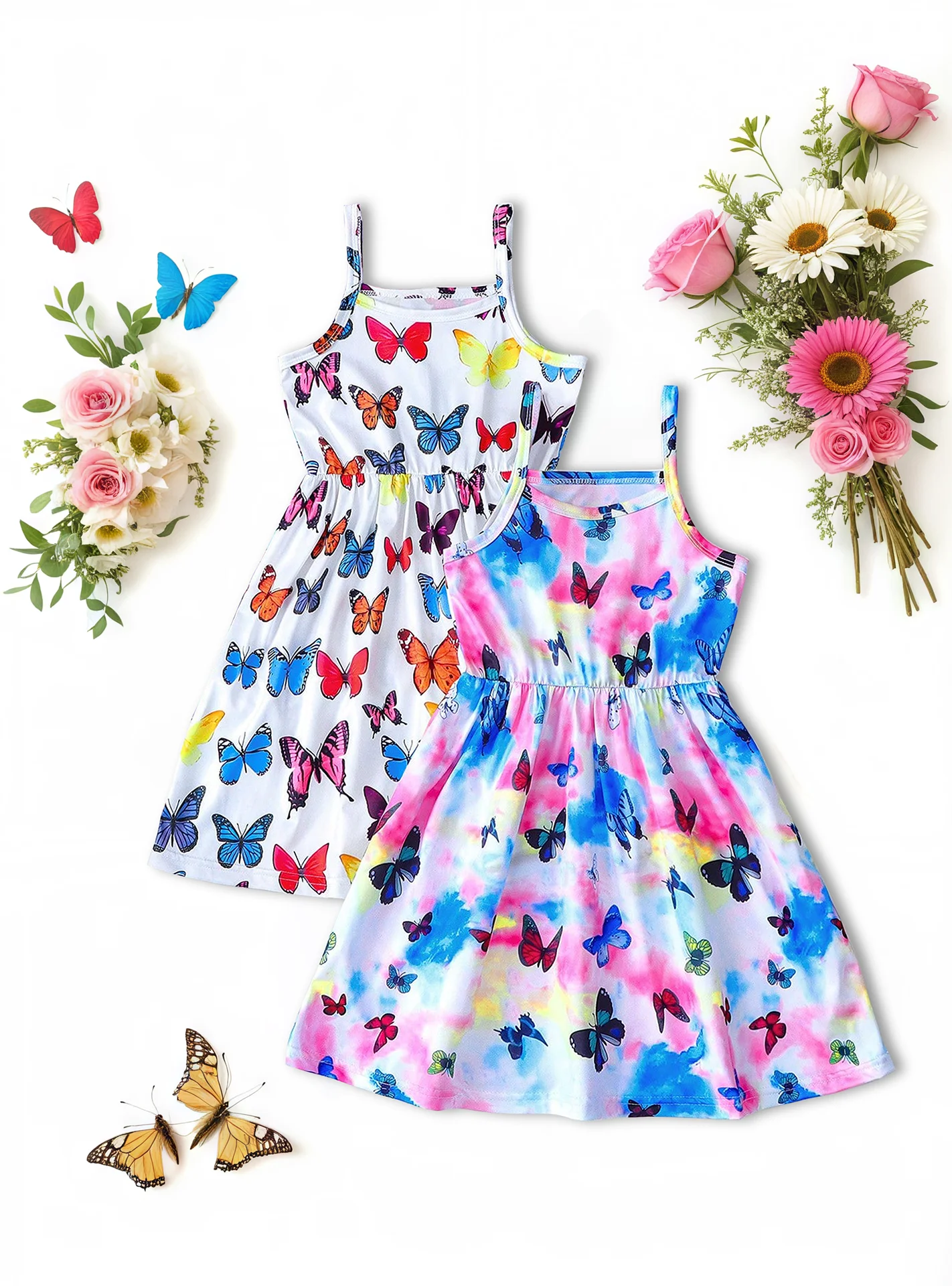 Girl's Butterfly Dress Spaghetti Strap A-Line Tie Dye Floral 7-14Y Summer Beach Party Outdoor Vacation Daily Play 2 Pack Dresses