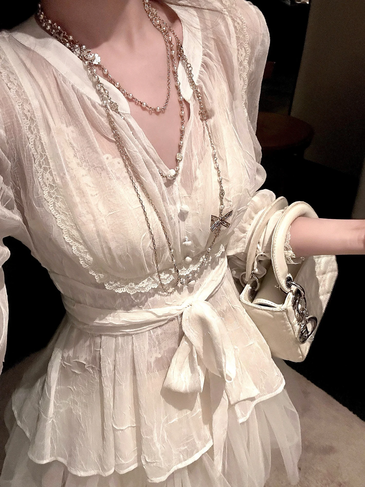 

Женская шифоновая блузка Chien Heavy Work с кружевом, приталенная, в корейском стиле, с длинным рукавом, V-образным вырезом, из дышащего полиэфирного волокна