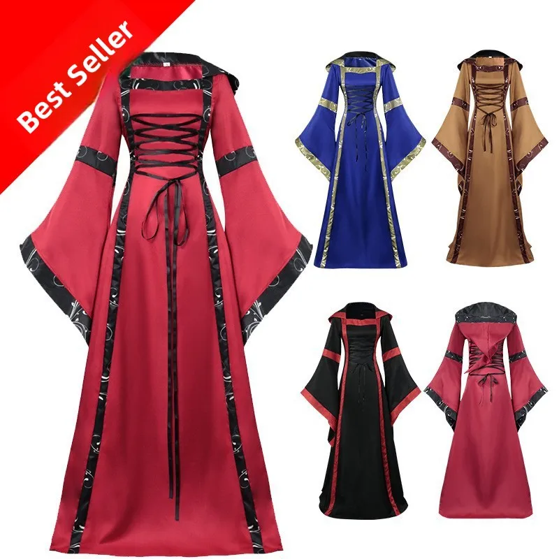 Gonna lunga da donna medievale con polsini a campana Colletto quadrato Costume da spettacolo teatrale Abbigliamento etnico Faion da donna estivo