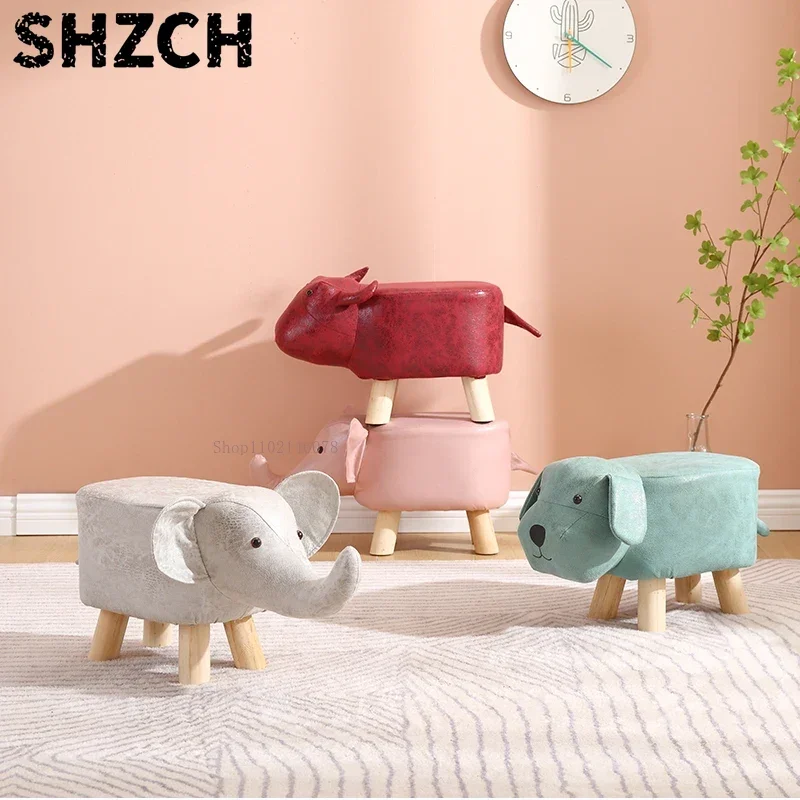 Real Wood Low Stools Creative Animal Elephant Cartoon Family Change Shoe  taburete Small Stool ottomans Lovely pouf