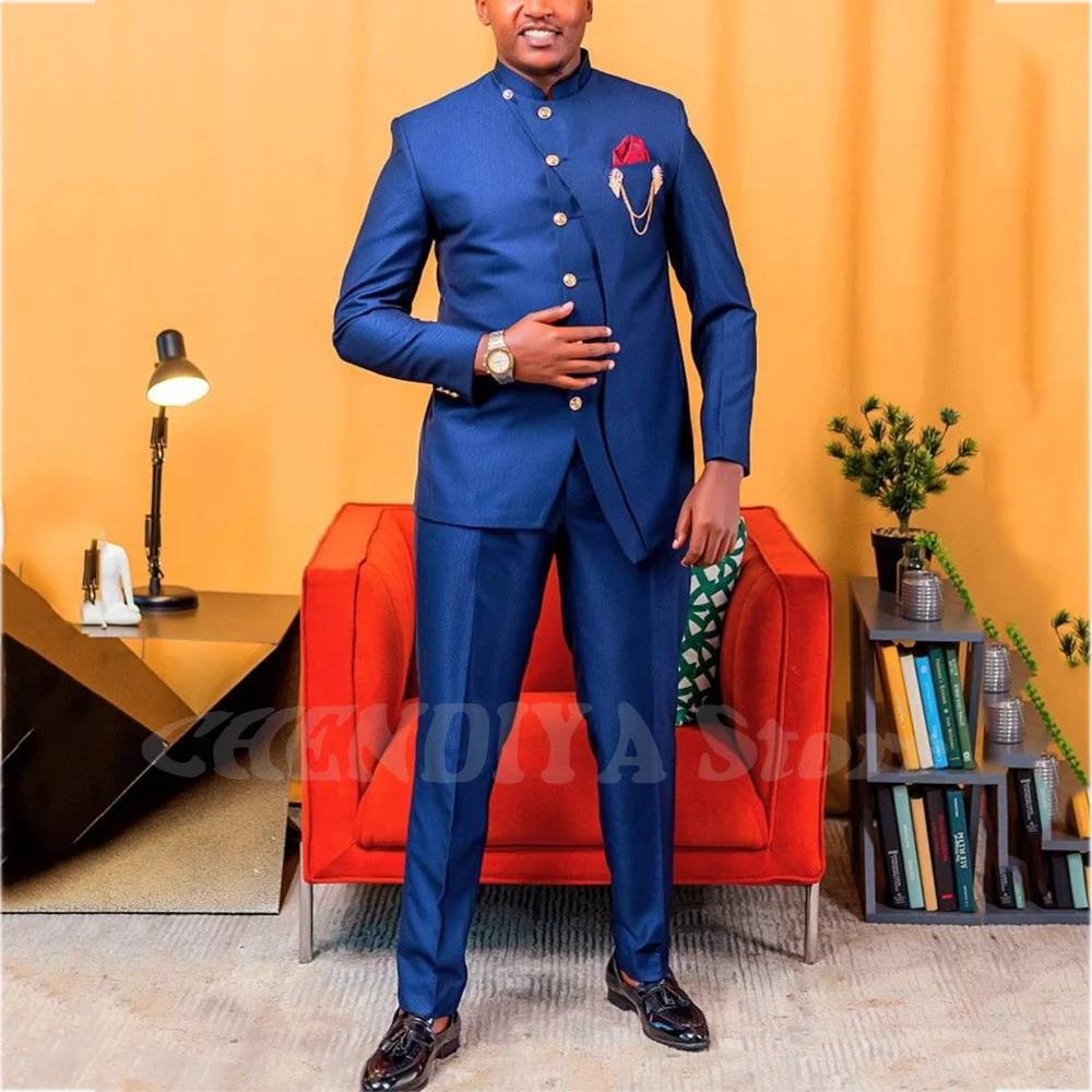 

Slim Fit 2 Pieces Men Suit High Quality Single Breasted Formal Outfit Set Stand Lapel Jacket Pants Smart Casual Daily Wear