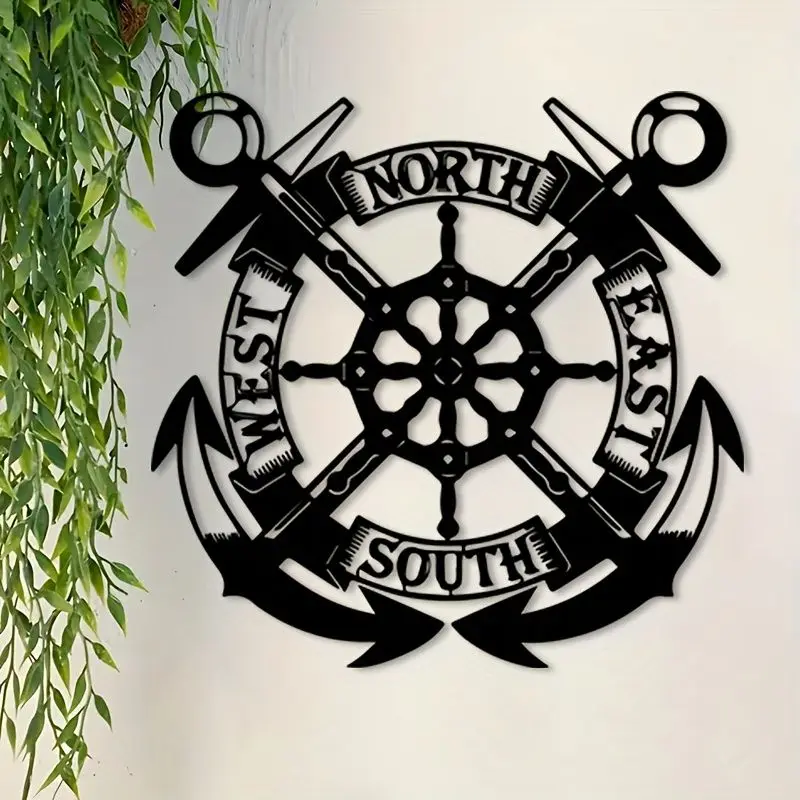 CIFbuy Metal Wall Art Compass Rose Ship Steering Wheel 2D Forged Iron Decor For Home Interior Hanging Sign Wall Decoration