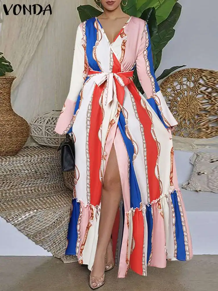 

VONDA Women Summer Maxi Dress Bohemian Printed Long Sleeve Ruffled Party Vestidos 2024 V-Neck Belted Casual Split Holiday Robe