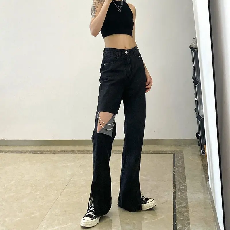 

Micro-La Jeans With Holes And Split Chains Are Designed. High-Waist Female Long Jeans Are Slim And Versatile Casual Mop Pants