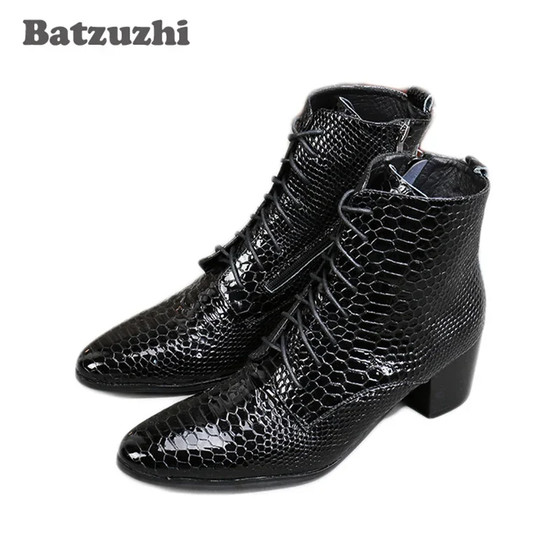 

Batzuzhi 7.5CM High Heel Men Boots Black Genuine Leather Boots Men Ankle Zip Lace-up Chaussures Hommes Business Party Shoes, 46