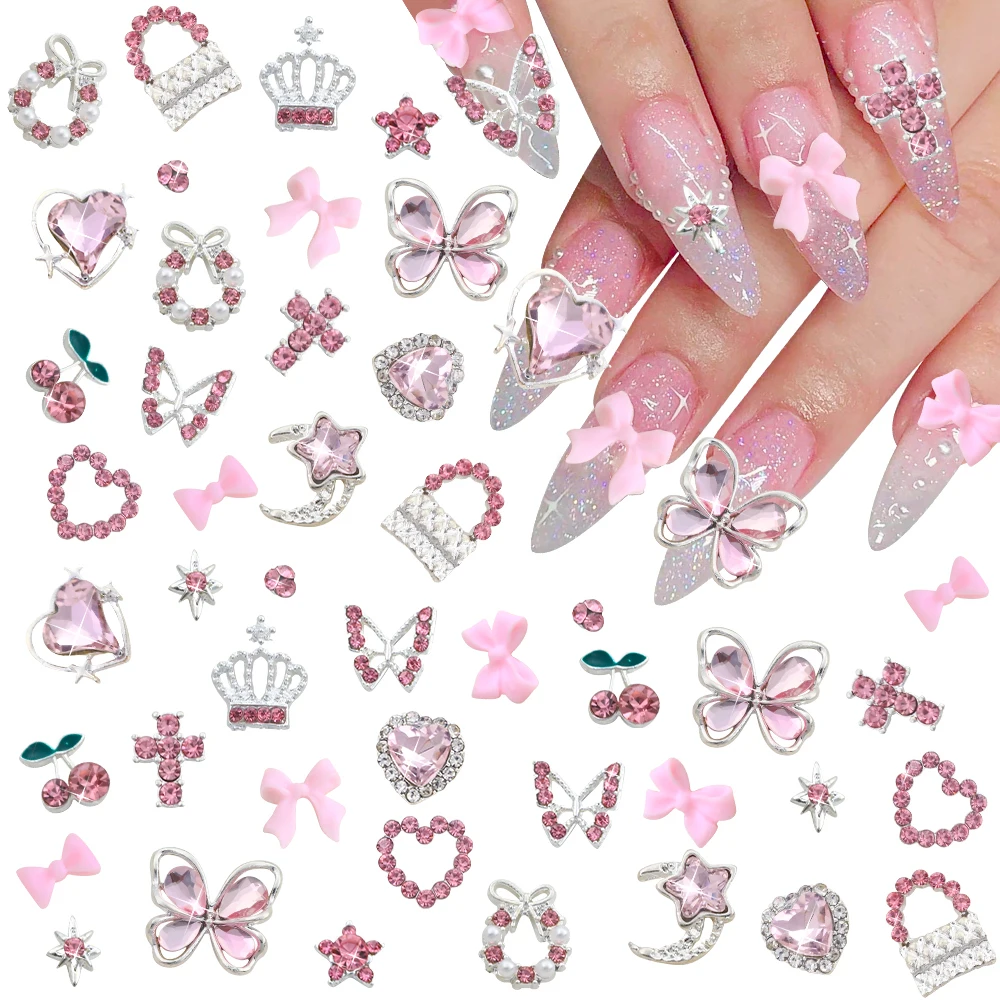 50/58 Uds. De dijes para uñas Y2k de mariposa/arco de cristal rosa de lujo mezclados, aleación de Metal y plata 3D, joyería para manicura DIY de color rosa dulce