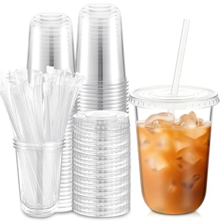 

Sets Plastic Cups with Lids and Straws, Disposable Iced Coffee Cups Drinking PET for Cold Drinks, Juice, Smoothie, Coffee Shops