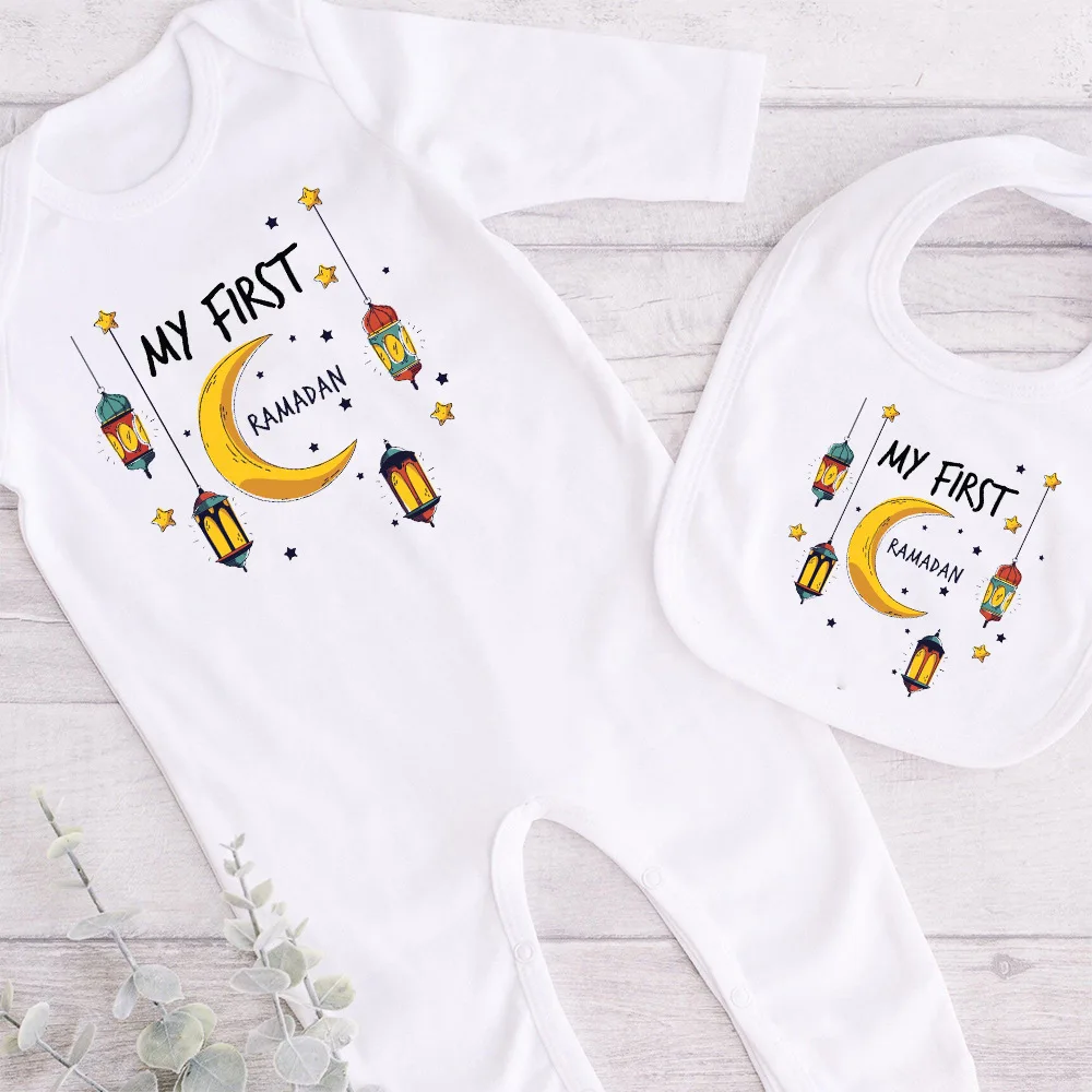 My 1st Ramadan Baby Bibs & Rompers 2pcs Set Baby Cotton Bib Newborn Jumpsuit Islamic Muslim Holiday Romper Baby Shower Gift