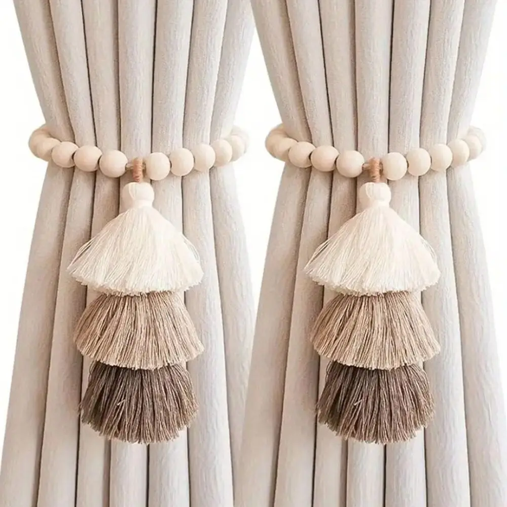 

Magnetic Boho Tassel Curtain Tiebacks Wooden Beads Curtain Buckles Backs Holdbacks Clips Curtain Rods Home Decorative Accessory