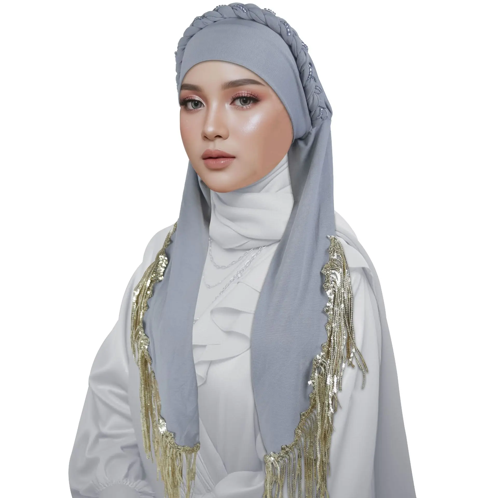 Mode paillettes perlées Hijab avec longue queue gland tresses Turban femmes musulman Islam foulard chimio casquette doux bandeau bandeau