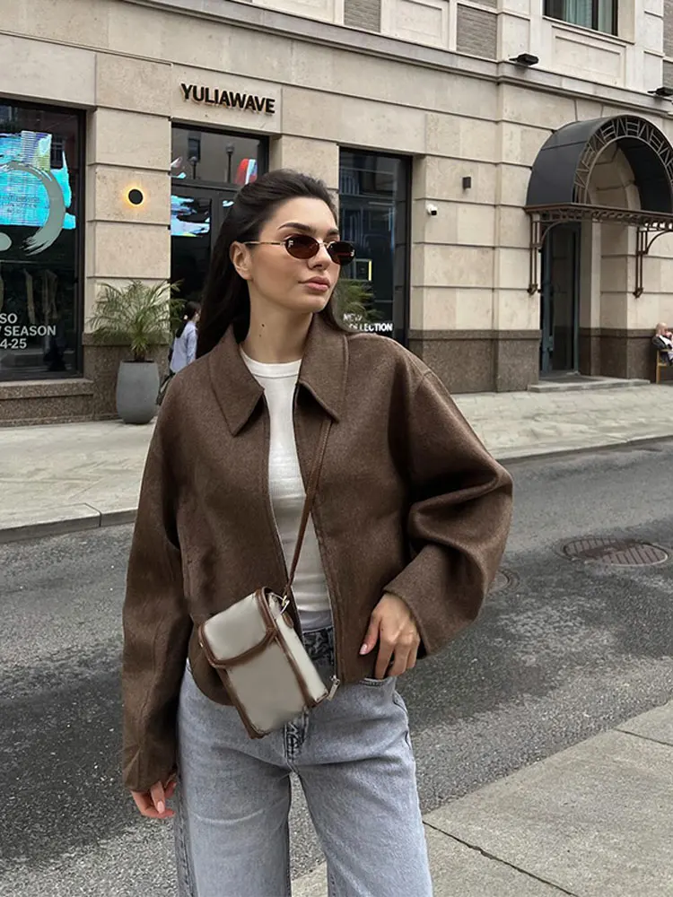 2024 Autumn Lapel Zipper Wool Coat For Women Fashion Brown Long Sleeve With Pocket Quilted Jacket Lady Office Street Outerwear