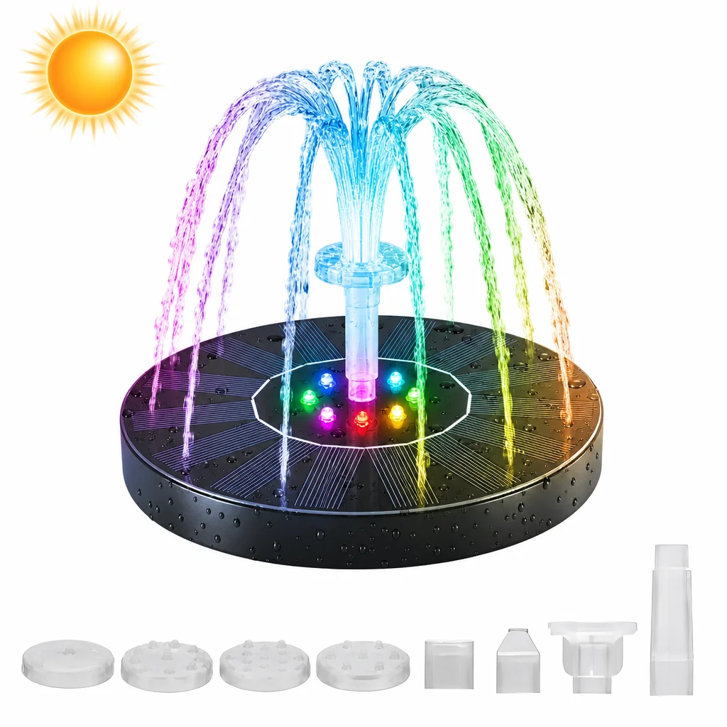 Bomba de Agua Solar con Luces LED de Colores, 7 Boquillas, 4 Fijadores, Fuente Flotante para Peceras, Estanques de Jardín y Decoración Exterior