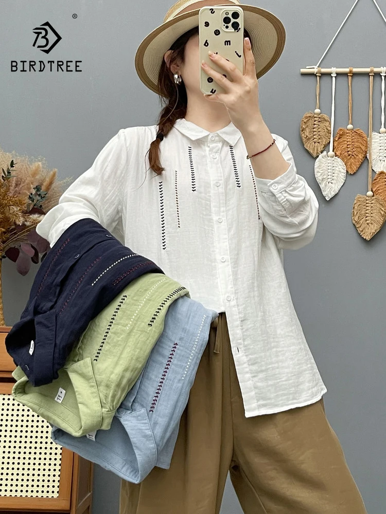 

New 2025 Autumn Cotton Yarn Long Sleeve Shirt, Women Lapel Line Embroidery, Mori Girl Soft OL Versatile Loose Blouse T57050CC