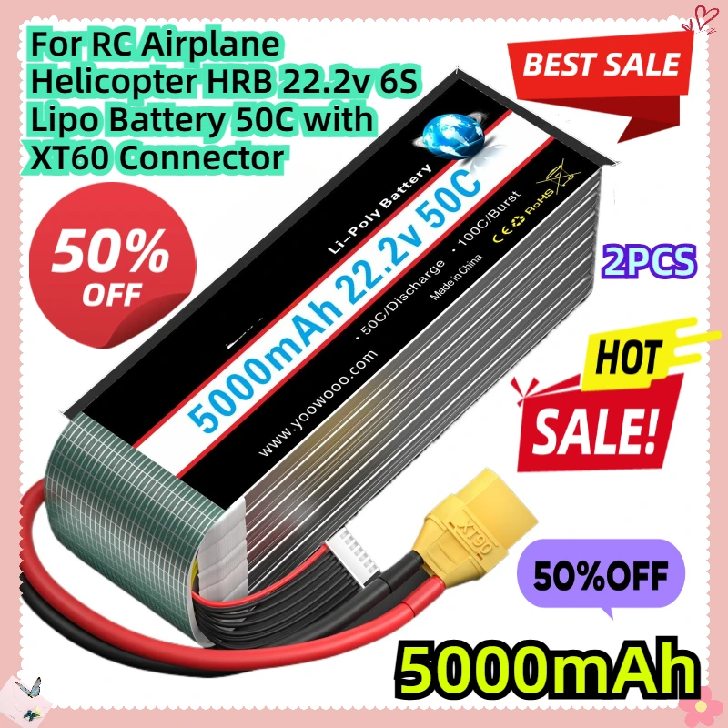 

2PCS For RC Airplane Helicopter HRB 22.2v 5000mah 6S Lipo Battery 50C with XT60 Connector