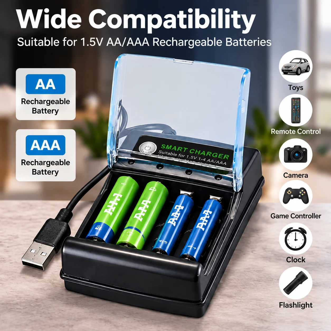 For Multiple Reusability Alkaline Battery Charger1.5V USB 4 slots Charger Independent Charging AA alkaline battery