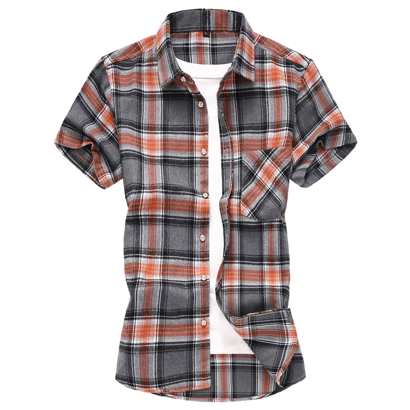 Striped Plaid Short-sleeved Shirt Men\'s Single-breasted Square Collar Cotton Shirts Summer Fashion Casual Camisa Men Chemise 7XL