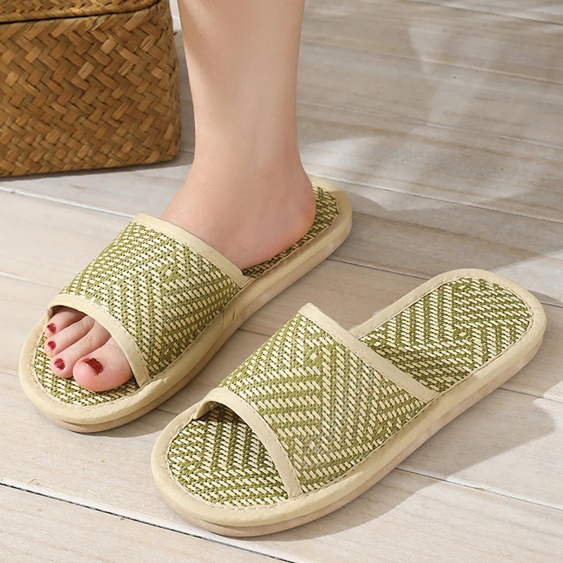 Fashion Women Slippers Woven Rattan Grass Sandals Lightweight Flat Shoes Bedroom Home Couple Breathable Straw Mat Bamboo Sandals image 3