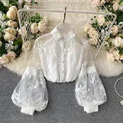 French Retro Half transparent Mesh Spliced Lace Bubble Sleeve Shirt Top Women Summer New Floral Embroidered Palace Style Shirts