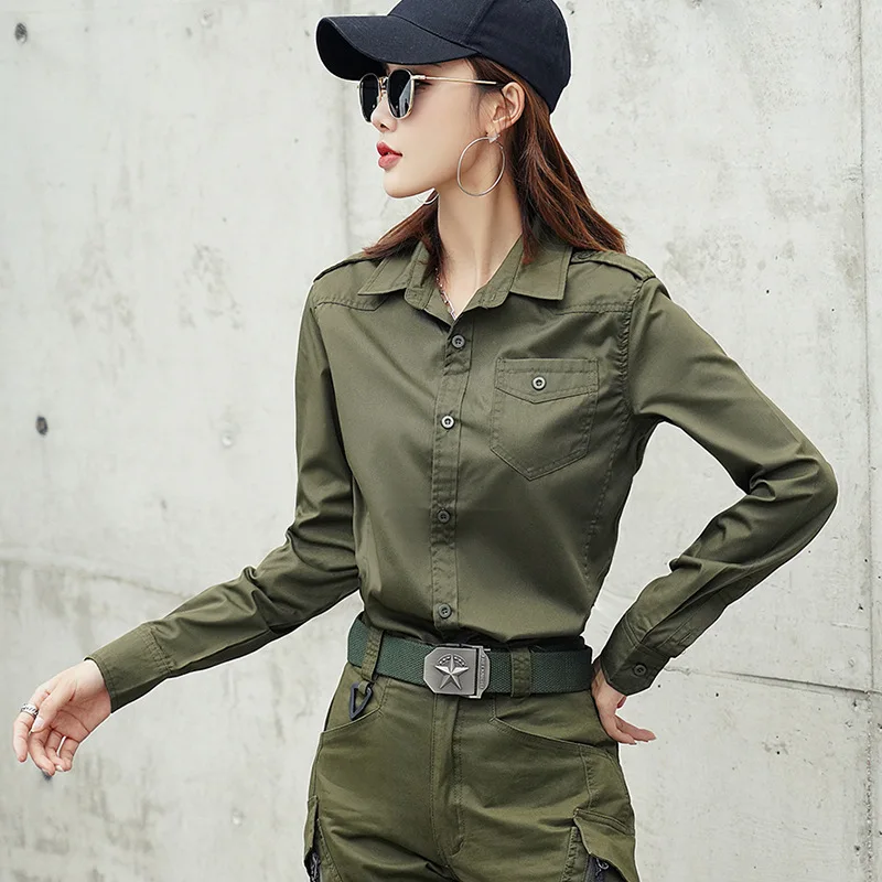 New Women Military Tactical Army Green Shirt Long Sleeve Turn Down Collar Ladies Casual Army Shirts