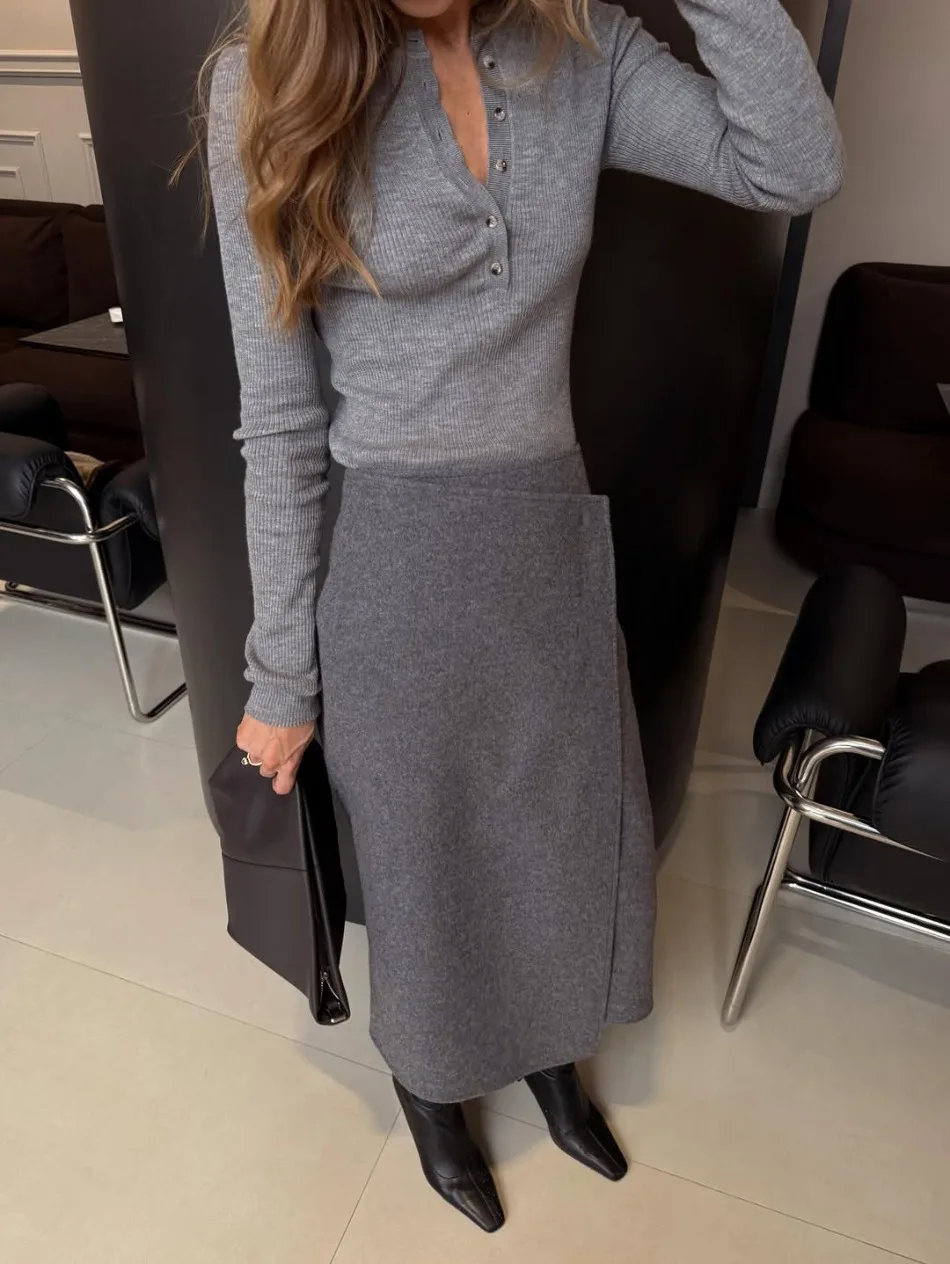 Herbst Winter Neue Damen-Pendlerkleidung Grauer Woll-Midirock Eleganter Hochtaillierter Knopf-Schlitzrock für Damen – Detail 11