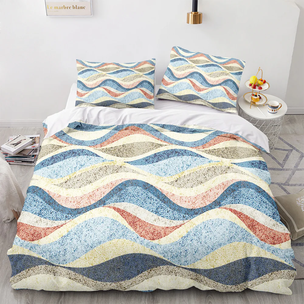 Boho Duvet Cover Queen Wave Textured Farmhouse Bedding Set Geometric Ethnic Moroccan Mid Century King Size Polyester Quilt Cover