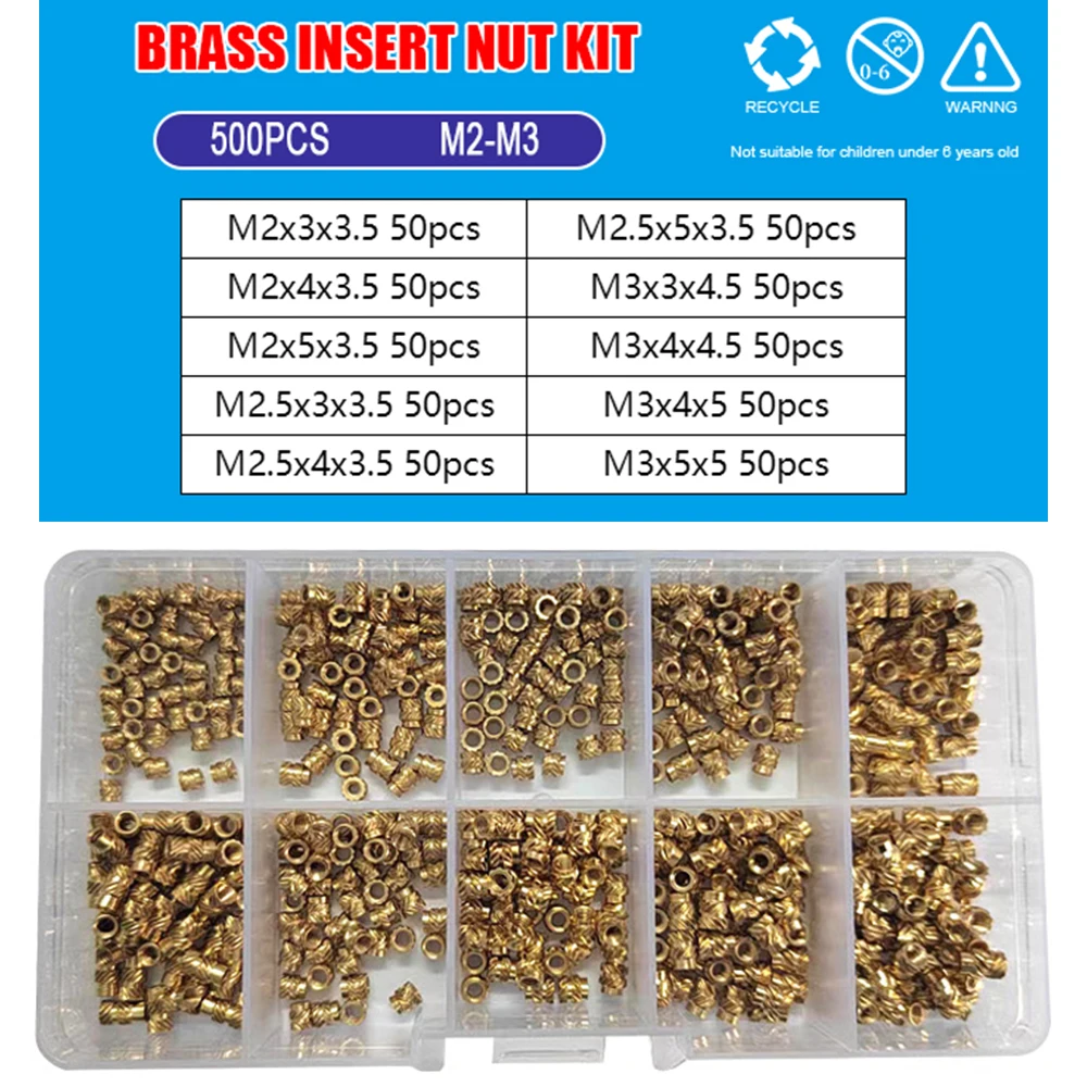 M2 M2.5 M3 M4 M5 M6 Heat Set Threaded Insert Brass Nut Hot Melt Knurled Inserts Double Twill Embedment Copper Nut Assortment Kit