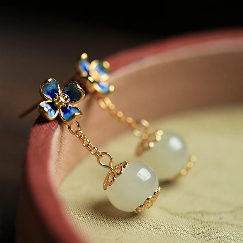 Natural Hotan Jade enamel flowers earrings for women high-level Luxury exquisite long chain Eardrops Engagement jewelry