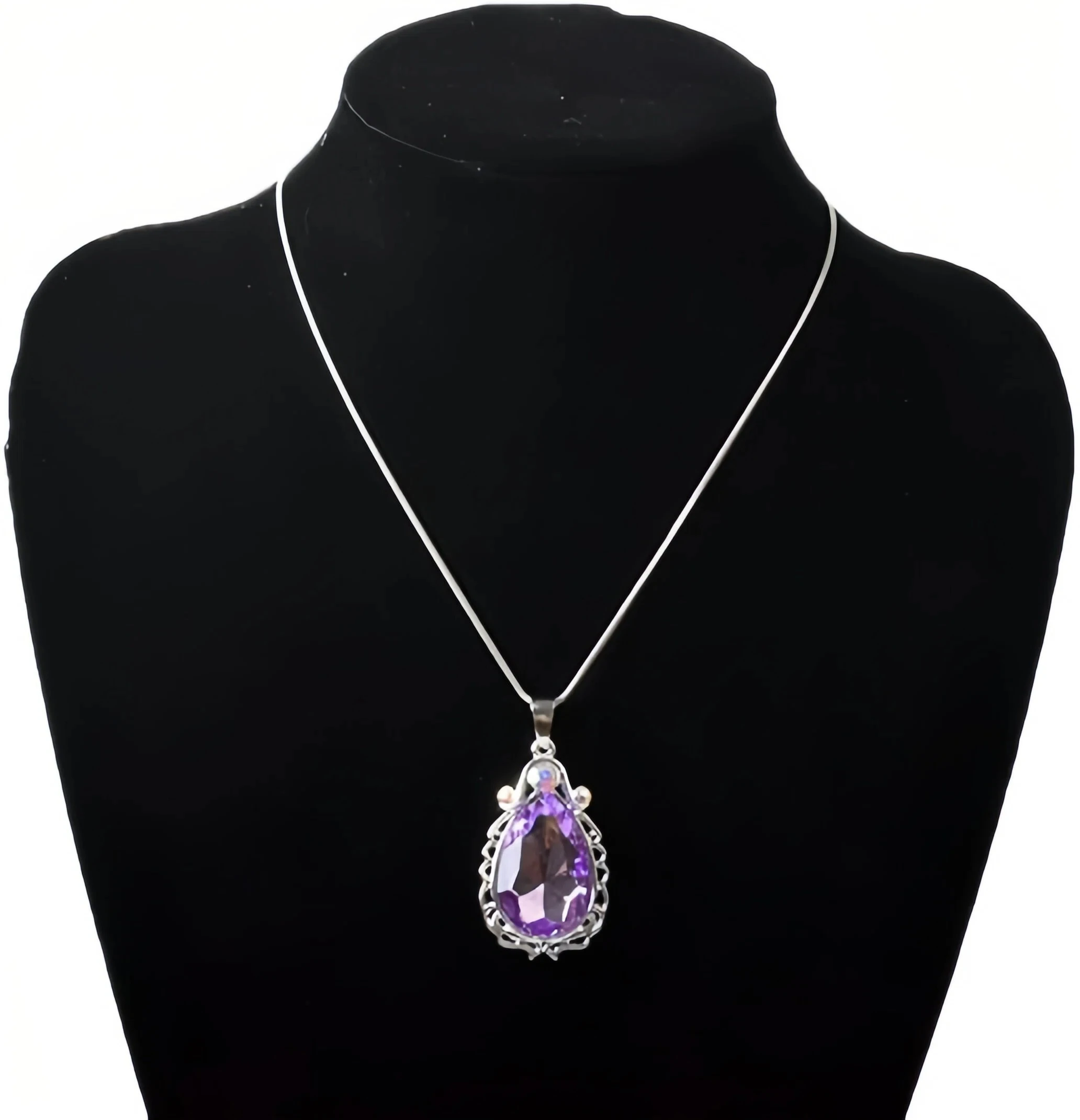 (Sofia) Necklace—Teardrop-shaped amethyst pendant amulet; Princess Sofia dress-up jewelry designed specifically for little girls.