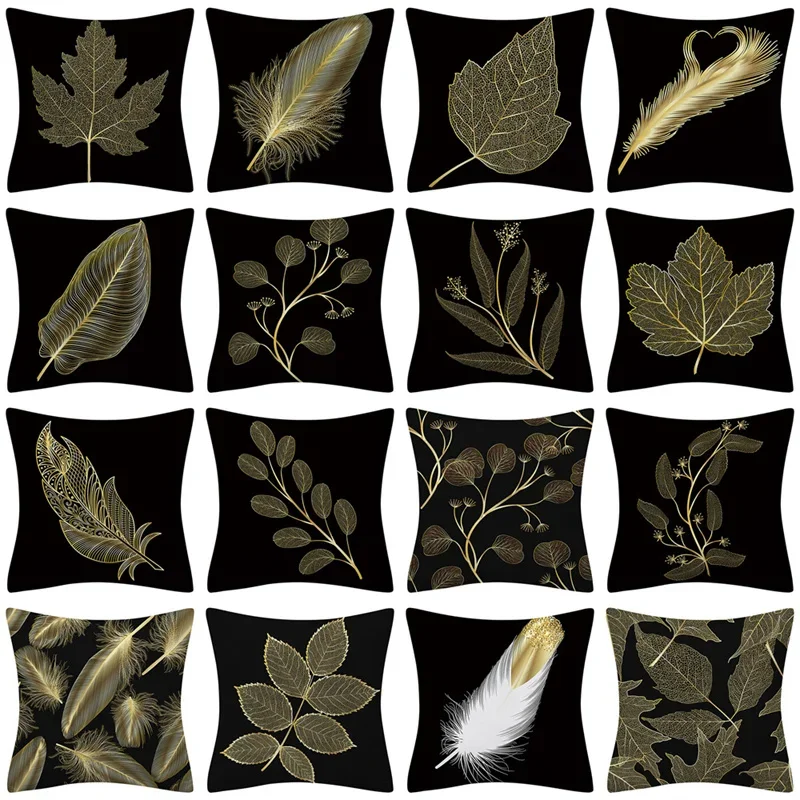 45x45cm Nordic Ins Black Golden Leaves Pillow Cases Sofa Home Decorative Custom Polyester Short Plush Throw Waist Cushion Cover