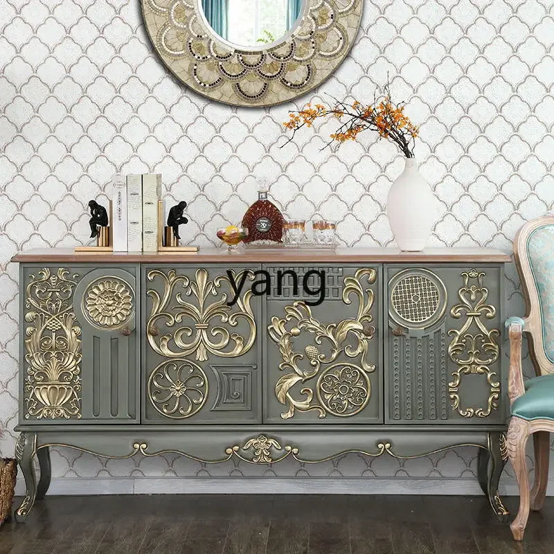 Yjq retro solid wood dining side cabinet neoclassical entrance door facing the entrance carved hand-painted decorative cabinet