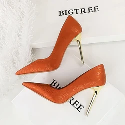 BIGTREE wiosna jesień moda haftowane damskie czółenka eleganckie metalowe buty na cienkim obcasie Party Zapatillas De Mujer