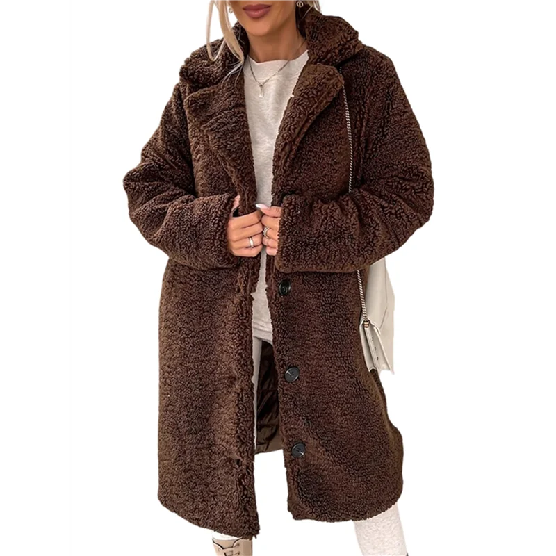 

BMBY-женское повседневное пальто с длинными рукавами и пуговицами, осеннее и зимнее плюшевое пальто, длинное пальто кофейного цвета 5XL