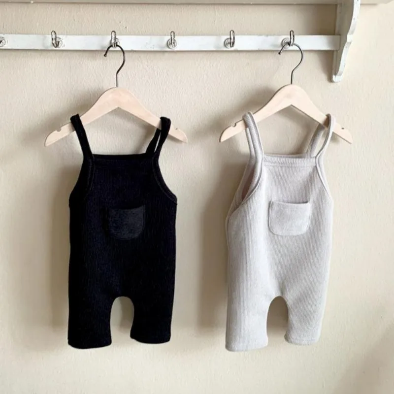 Summer and Autumn New Baby Sleeveless Romper Solid Newborn Pocket Overalls Cotton Infant Boy Strap Shorts Kids Jumpsuit Clothes