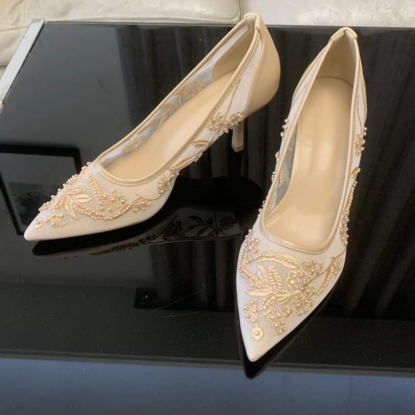 

Pointed Toe Mesh Embroider High Heels for ladies Elegant String Bead pumps Sexy Luxury Designer Shoe Party Wedding Heeled Sandal