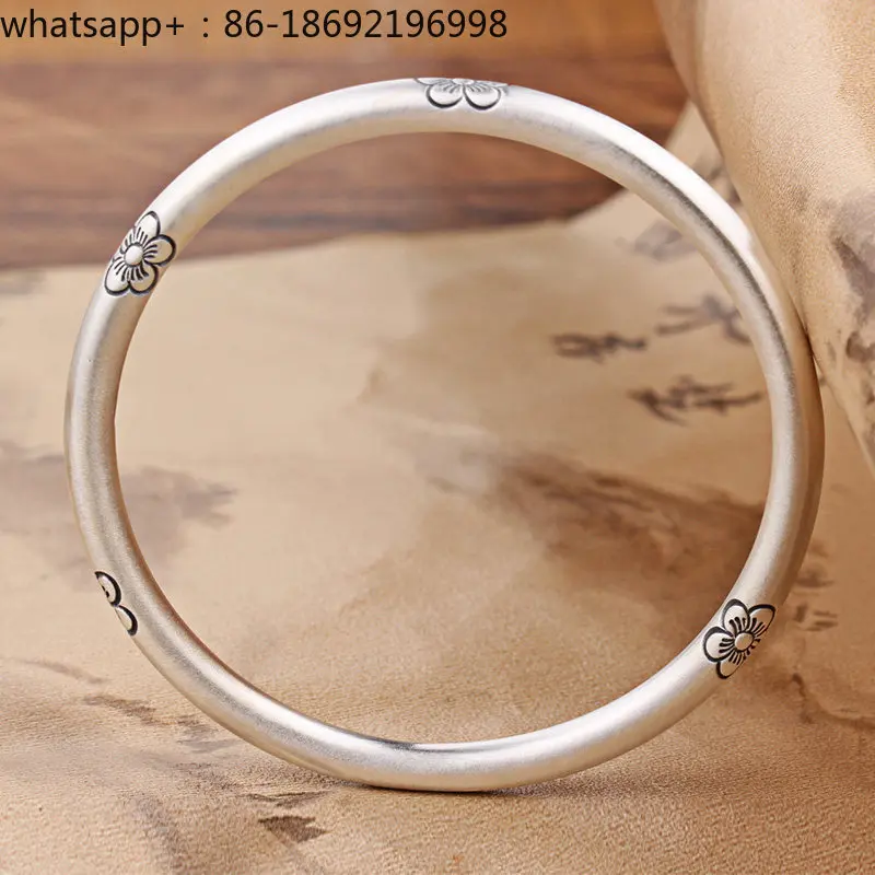 9999 Sterling Silver Bracelet Plum Blossom Hand-carved Ancient Retro Ethnic Style Solid Closed