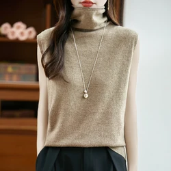 Chic Spring Autumn Women Sweater Sleeveless Pullover 100% Merino Wool Knitted Sweater Female Casual Slim-fit Fashion New Tops