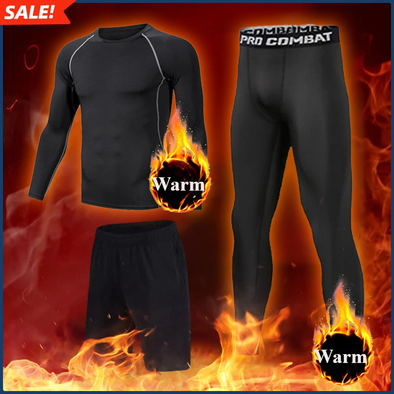 Mens Fleece Compression Sportswear Set Gym Running Sport 3 PCS Tight T-shirt Leggings Athletics Fitness Boxing Rash Guard Kits