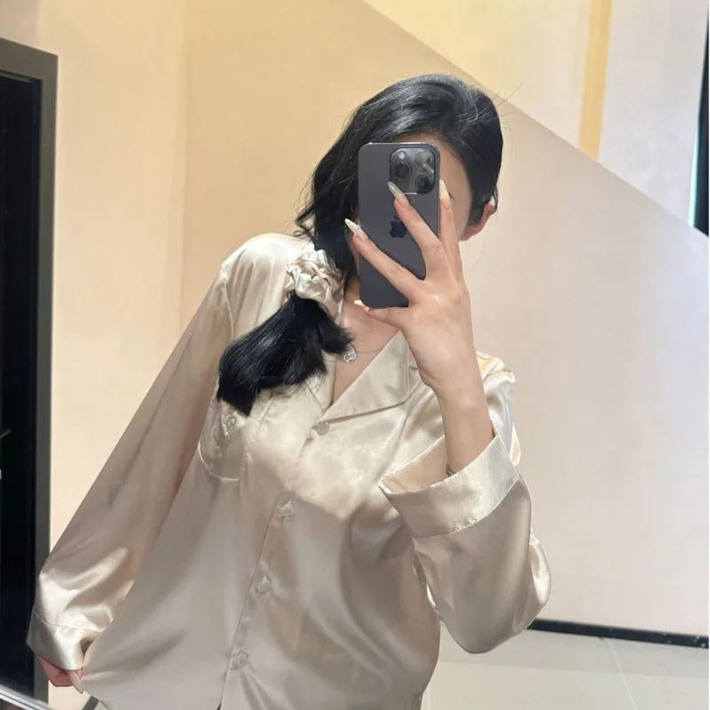 

2022, весенне-осенний комплект с длинными рукавами и позолотой в стиле кошки, женские брюки с длинными рукавами, высококачественный комплект из ледяного шелка, одежда для дома, одежда для сна