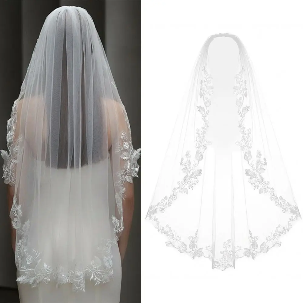 Elegant 100cm Wedding Veil One Layer Soft Tulle Bridal Headpiece White Ivory Lace Appliques Bridal Veil Brides