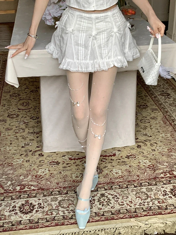 Pearl Tights Japanese Jk White Thin Pantyhose Sweet Bow Stockings 2025 Spring New Chic Women Socks Lolita Aesthetics