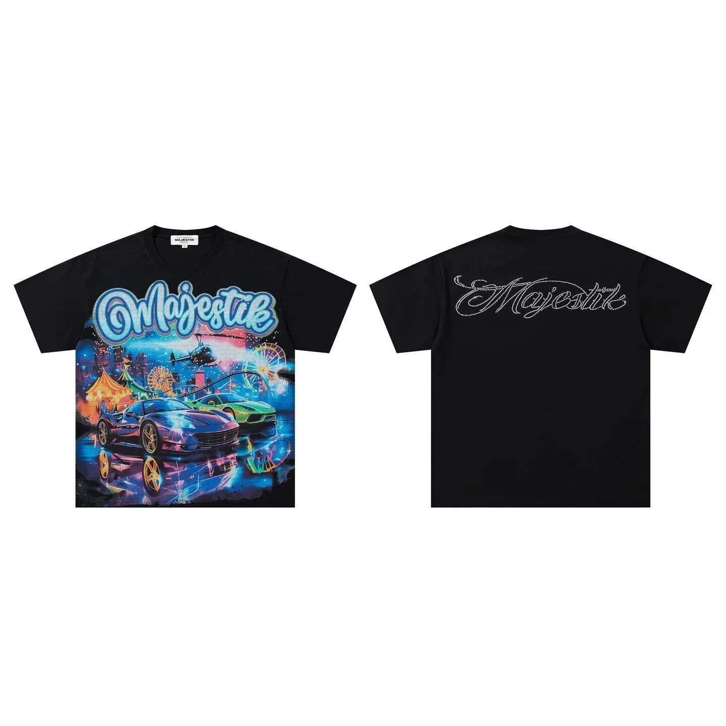 MAJESTIK Style Robot Direct Spray Printed Men's and Women's Loose Washed Vintage Stained Beaded Round Neck Short Sleeve T-Shirt