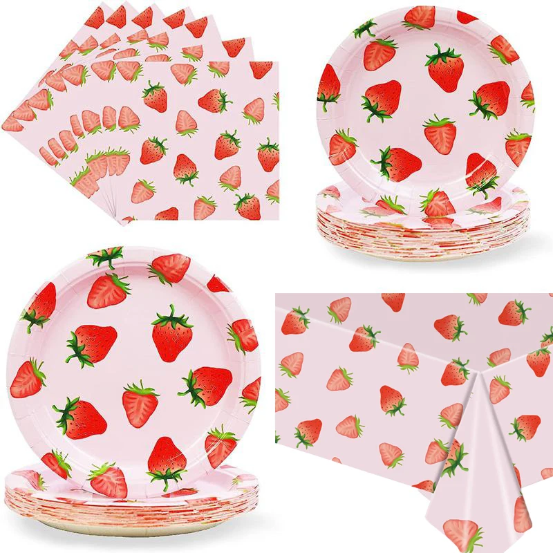 Różowa Truskawka Zastawa stołowa Talerze Balony Truskawka Dekoracje urodzinowe Kid Baby Shower Girl Piknik Party Zaopatrzenie Dekoracje ślubne
