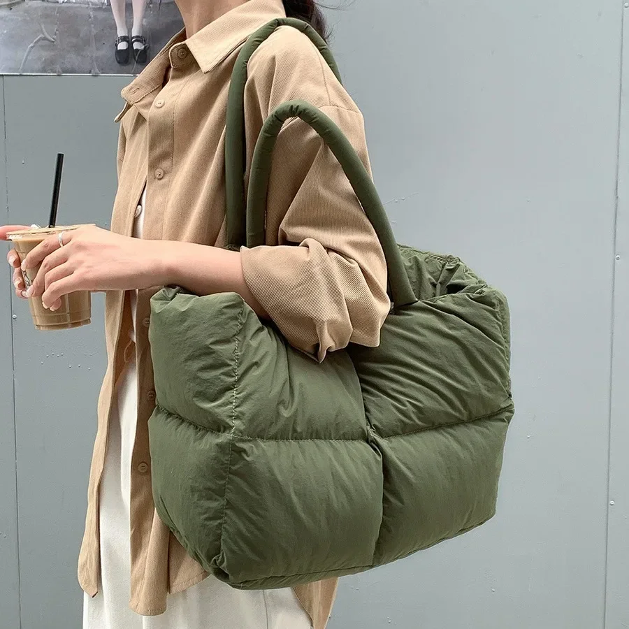 Bolso de hombro acolchado de algodón para mujer, bolsa grande de diseñador de lujo, suave y cálido