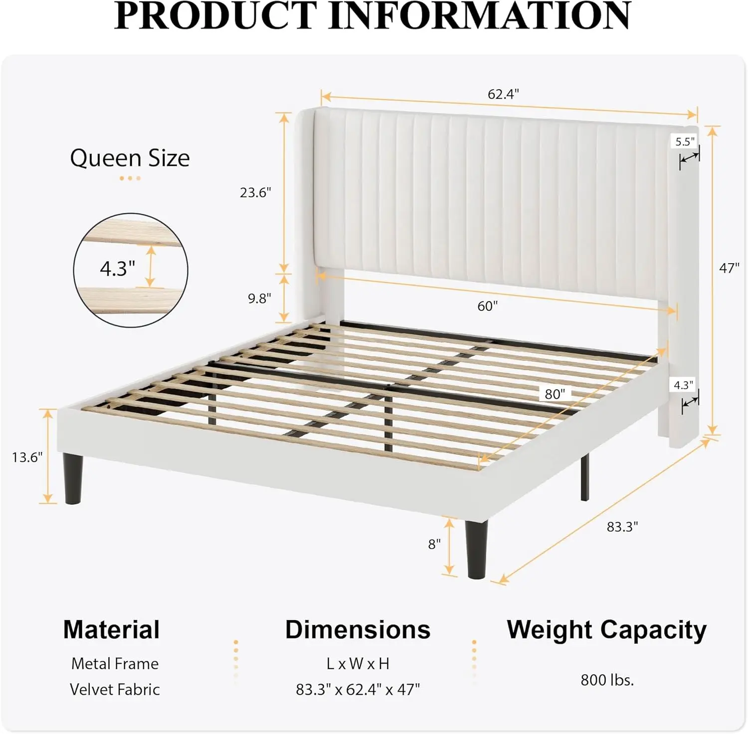 SHA CERLIN Queen Size Velvet Bed Frame with Vertical Channel Tufted Wingback Headboard, Upholstered Platform Bed with Wood Slats