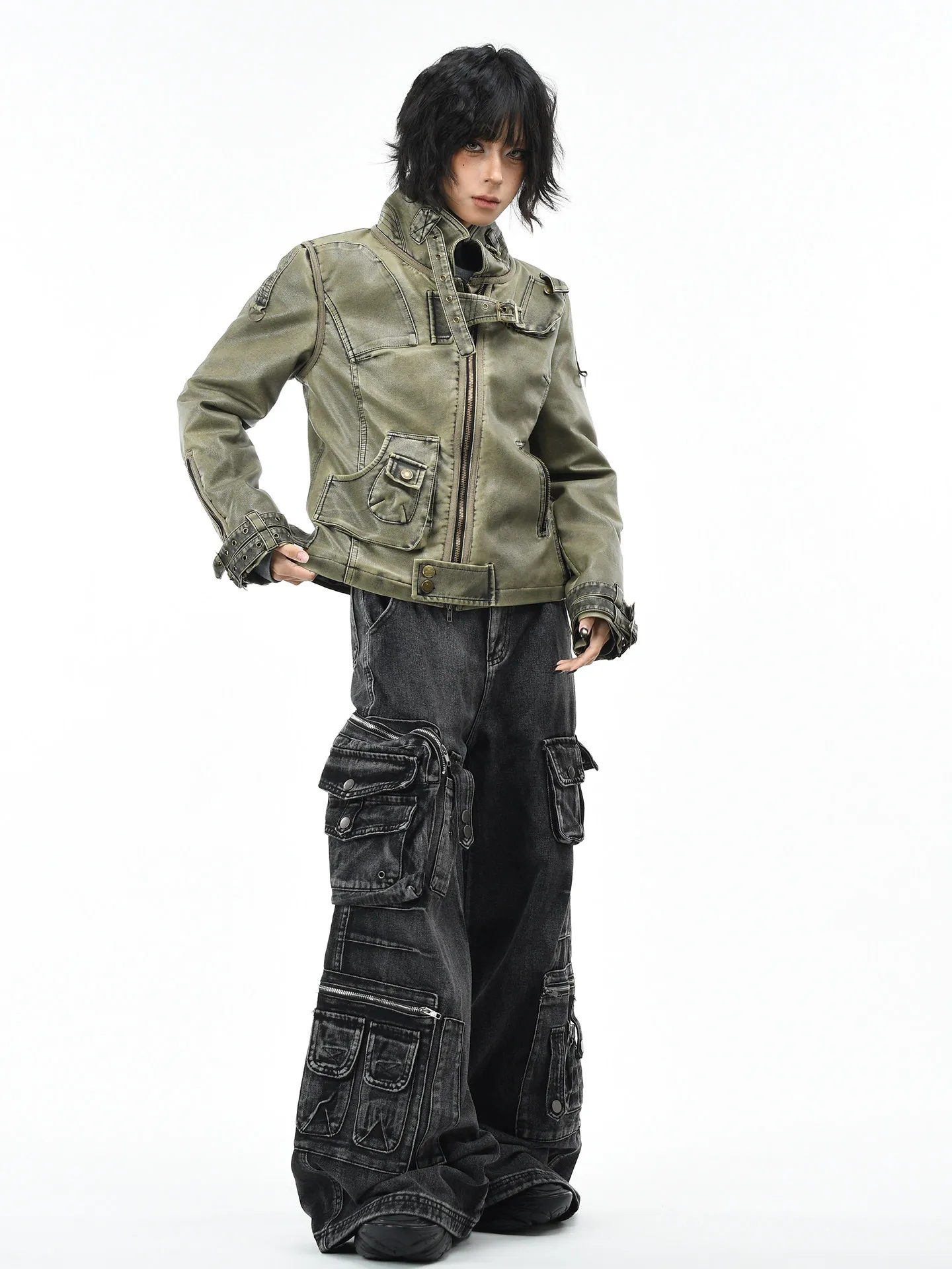 Outono inverno estilo punk americano gola workwear jaqueta de algodão verde para mulheres rebites cinza jaqueta de couro do plutônio